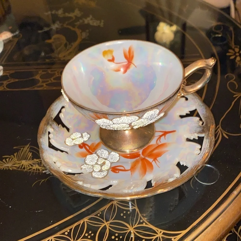 Vintage Japan Sterling China Iridescent Floral Textured Pansy Teacup & Saucer